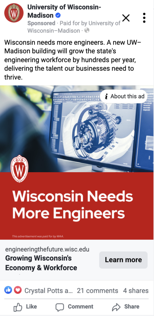 Image of UW–Madison Facebook ad on mobile for College of Engineering campaign